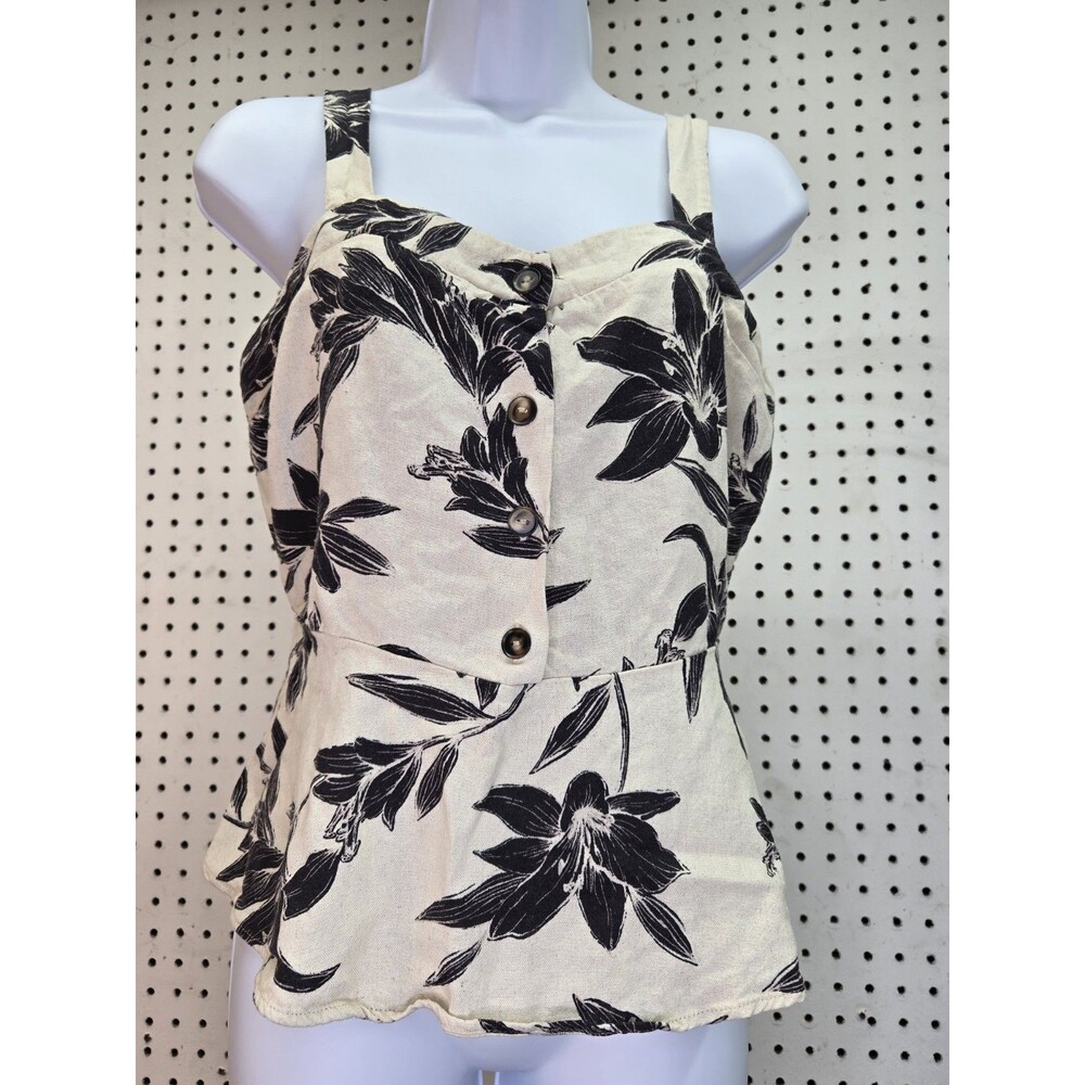 Monteau Linen Blend Black and Cream Floral Peplum Top With Buttons XL